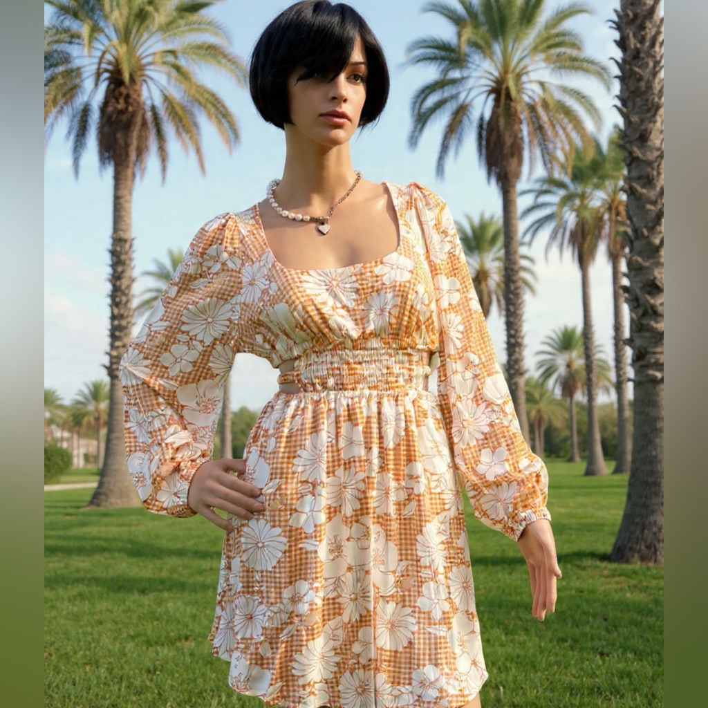Nwt Endless Blu Orange & White Floral Summer Dress Sz Small Long Sleeves, Lined.